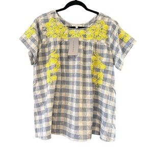See and Be Seen $48 Blue Gingham Embroidered Floral Boho Top NWT S M L oversized